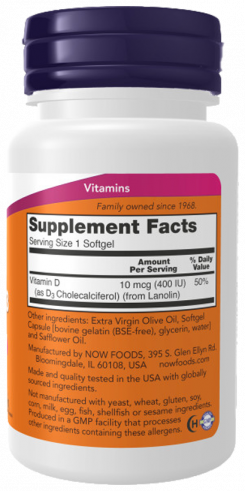 NOW Vitamin D3 400 IU, 180 капсул