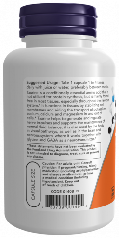 NOW Taurine 500 mg, 100 капсул